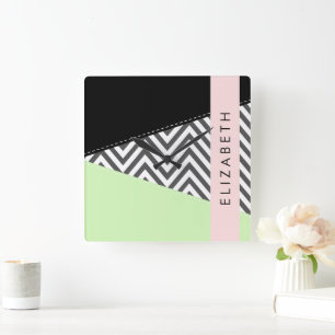 Horloge Carrée Grey Zigzag, Grey Chevron, Mint, Votre Nom
