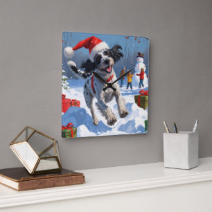 Horloge Carrée Griffon à poil dur avec un chapeau de Noël enneigé