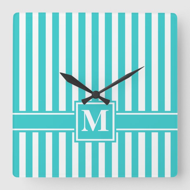 Horloge Carrée Grille moderne turquoise avec Monogramme (Recto)