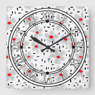Horloge Carrée gris avec des fleurs rouges sur blanc rétro arrièr