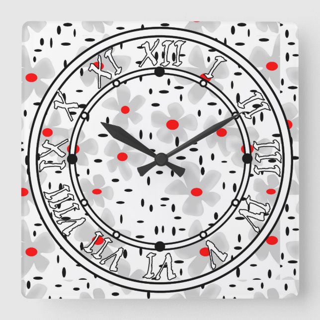 Horloge Carrée gris avec des fleurs rouges sur blanc rétro arrièr (Recto)