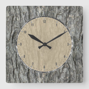Horloge Carrée Gris écorce en bois rustique