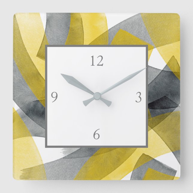 Horloge Carrée Gris Jaune Noir Abstrait Brosse (Recto)