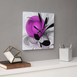 Horloge Carrée Gris Noir Abstrait Avec Art Fractal Magenta