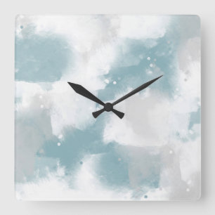 Horloge Carrée Gris Turquoise doux et blanc Brosses Abstraites
