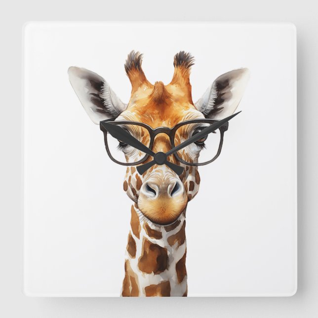 Horloge Carrée Grosse girafe avec lunettes (Recto)