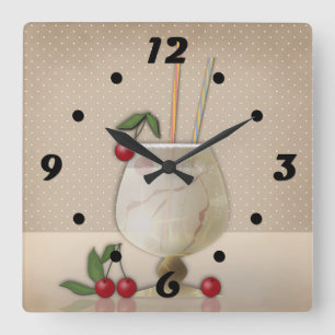 Horloge Carrée Grunge beige rétro cocktail vintage cerise p