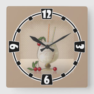 Horloge Carrée grunge beige rétro cocktail vintage verre cerise p