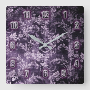 Horloge Carrée Grunge motif floral vintage en violet foncé cool