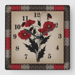 Horloge Carrée Grunge oldish retro vintage poppies red flowers