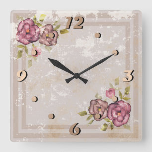 Horloge Carrée Grunge rustique rétro texture beige fleurs rose fl