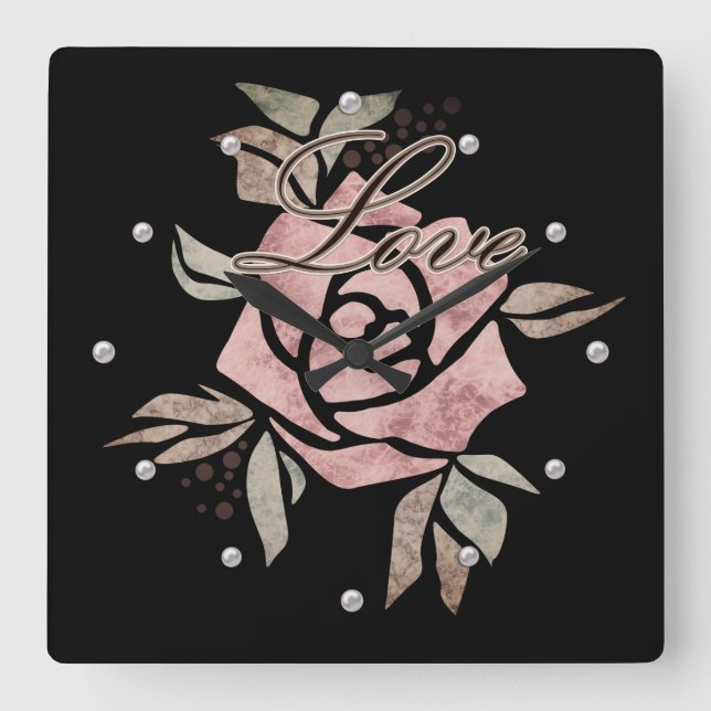 Horloge Carrée Grunge rustique rétro texture beige fleurs rose fl (Recto)