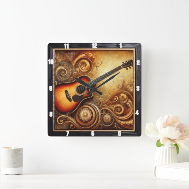 Horloge Carrée Guitare acoustique perruques artistiques et design (Maison)