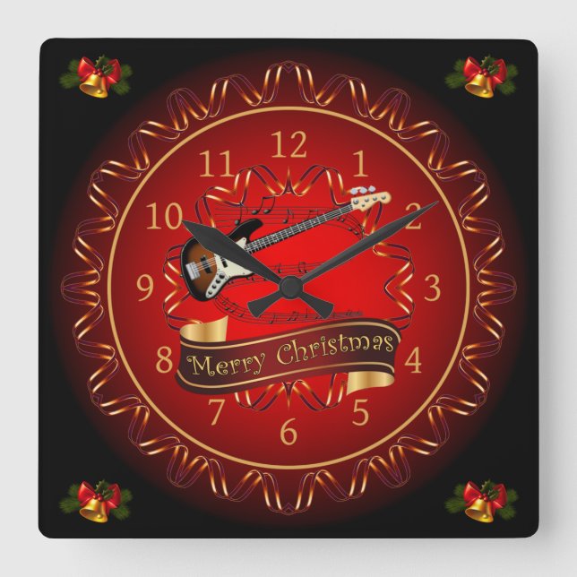 Horloge Carrée Guitare électrique 01, Joyeux Noël, Maroon/Noir (Recto)