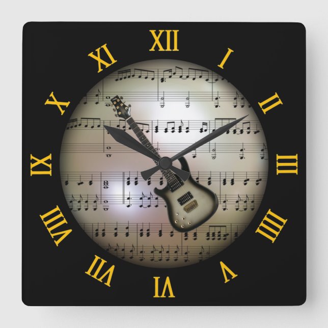 Horloge Carrée Guitare électrique~Arrière - plan "La planète musi (Recto)