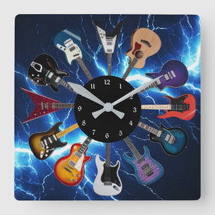Horloge Carrée Guitare électrique cercle foudre bleue
