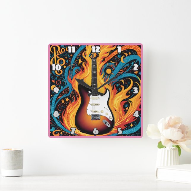 Horloge Carrée Guitare électrique entourée de flammes vives (Maison)