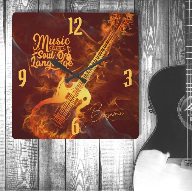 Horloge Carrée Guitare en feu | La musique est l'âme du langage (Créateur téléchargé)