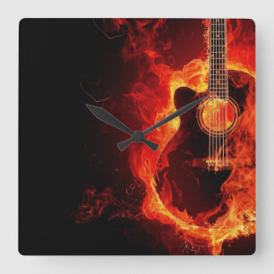 Horloge Carrée Guitare en feu, musique aux flammes orange groupe 
