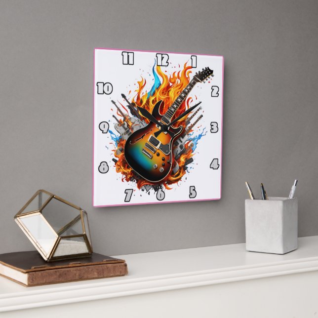 Horloge Carrée Guitare fière au milieu des flammes et des ombres (Bureau)