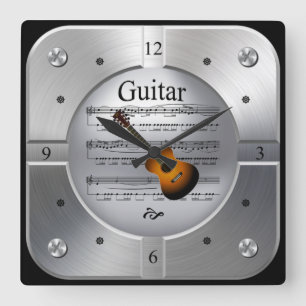Horloge Carrée Guitare ~ Partition musicale ~ Couleur argent bros
