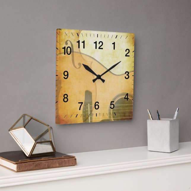 Horloge Carrée Guitare & Violon Soft Gold Image (Bureau)