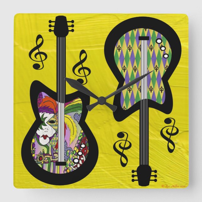 Horloge Carrée Guitares colorées Mardi Gras (Recto)