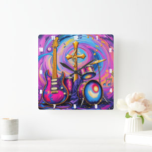 Horloge Carrée Guitares Musique Culte Croix Art