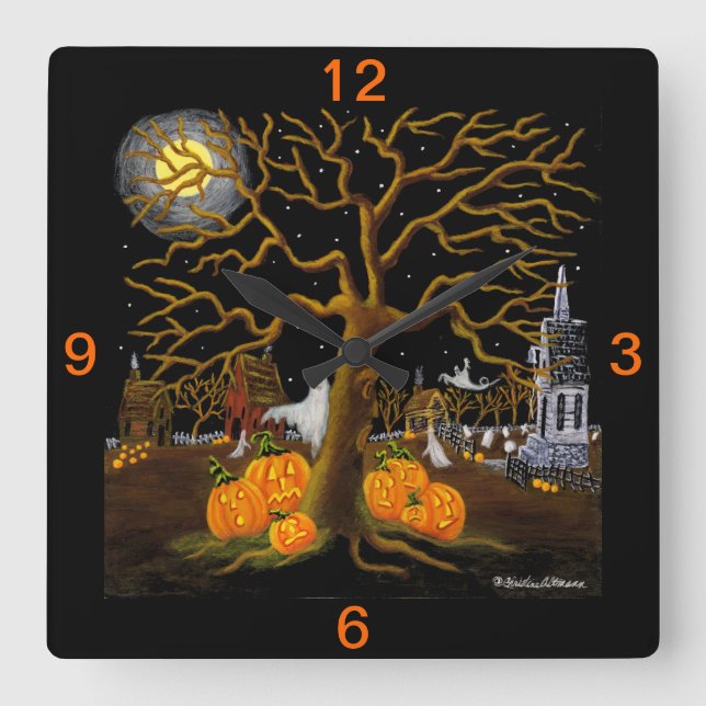 Horloge Carrée Halloween, horloge, fantômes, Jack-O Lanterns, tom (Recto)