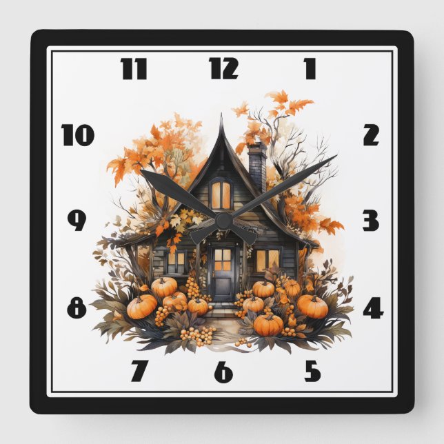 Horloge Carrée Halloween Maison hantée avec Citrouilles & Foliage (Recto)