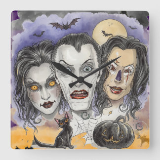 Horloge Carrée Halloween, Masques Rieurs Sombres, Montres de Chat