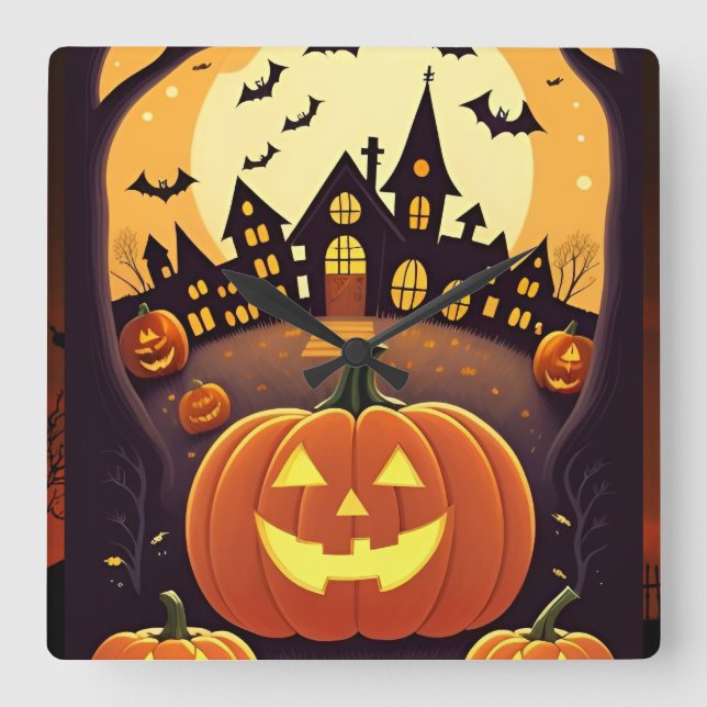 Horloge Carrée Halloween Moonlight Haunted House (Recto)