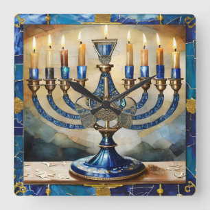 Horloge Carrée Hanoukka bleue Menorah