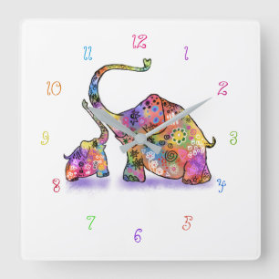 Horloge Carrée Happy Colorful Mother and Baby Elephant Wall Clock