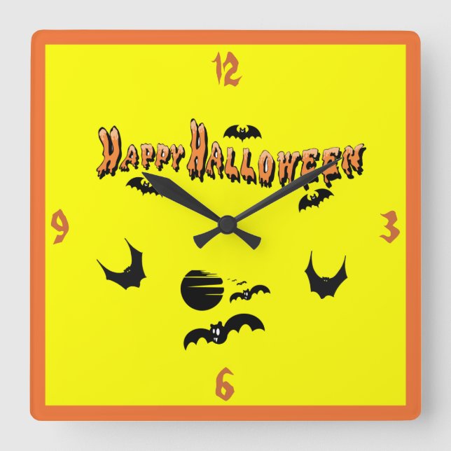 Horloge Carrée Happy Halloween & Les chauves-souris - (Recto)