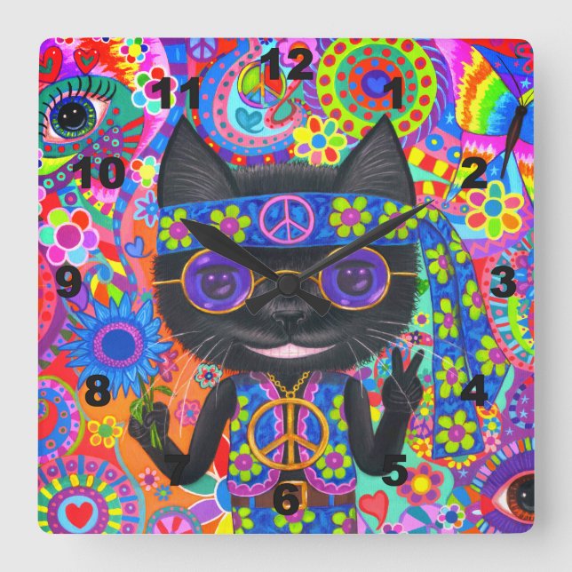 Horloge Carrée Happy Hippie Cat Sung Peace Sign Flower Cute (Recto)