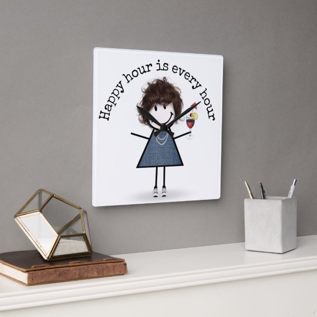 Horloge Carrée Happy Hour Stick Girl Avec Cocktail (Bureau)
