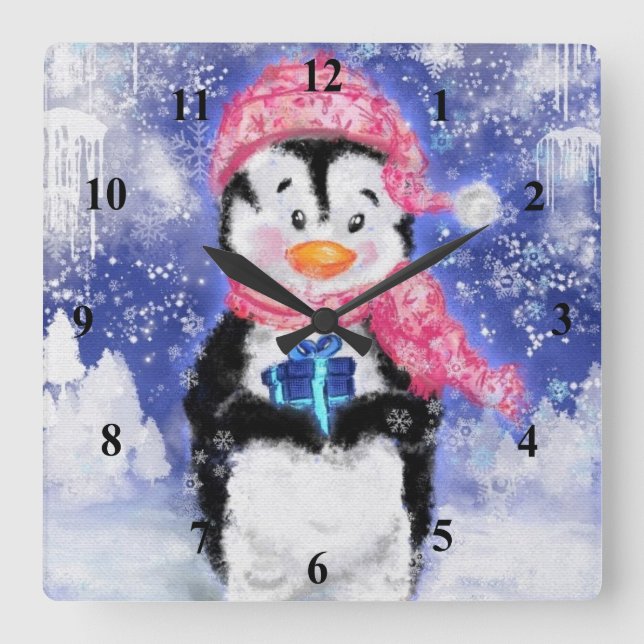 Horloge Carrée Happy Penguin - Noël - (Recto)