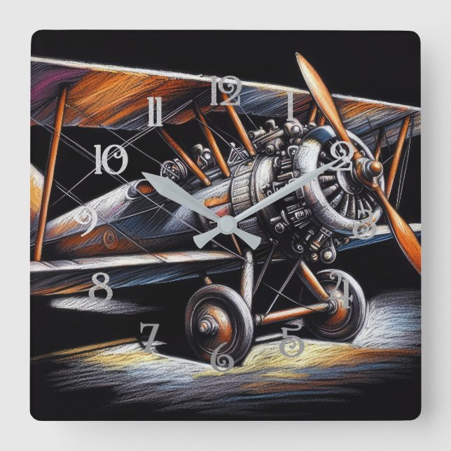 Horloge Carrée Hard Pastel Antique Biplane Avion Avion (Recto)