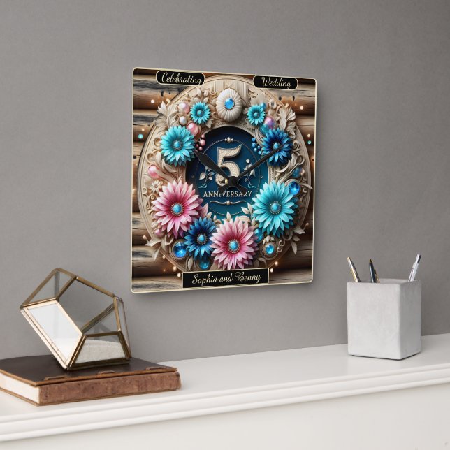 Horloge Carrée Harmonie florale : Idée de design d'anniversaire p (Bureau)
