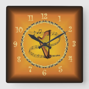 Horloge Carrée Harpe Sur Scroll Musical & Russet Orange ~