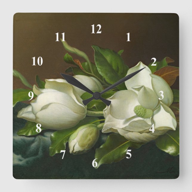 Horloge Carrée Heade Magnolias peinture florale (Recto)