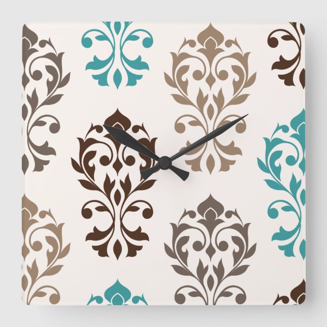 Horloge Carrée Heart Damask Art I Browns Turquoise Cream (Recto)