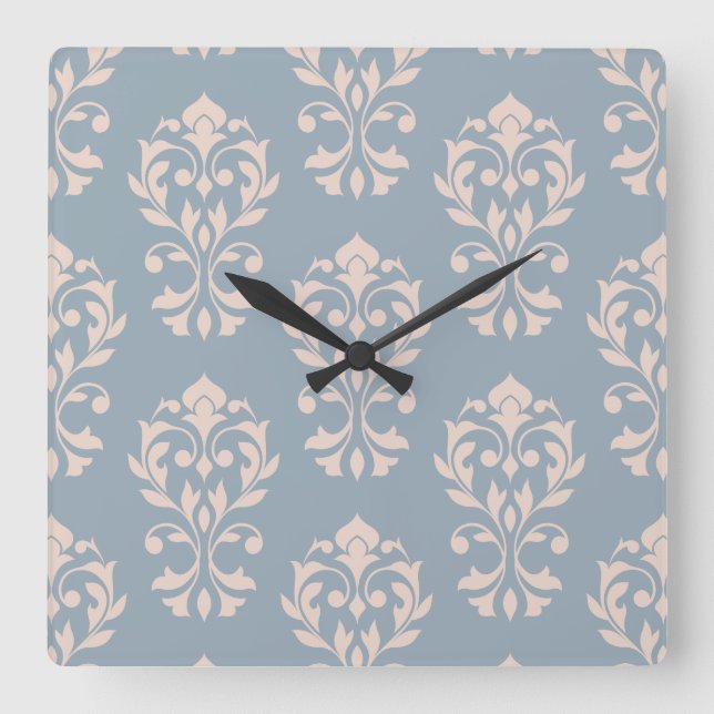 Horloge Carrée Heart Damask Big Ptn II rose sur bleu (Recto)