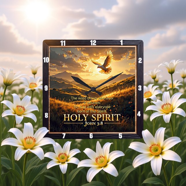 Horloge Carrée Heaven Holy Spirit Dove Sunset John 3:8 Verse (Créateur téléchargé)