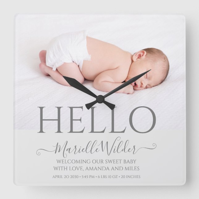 Horloge Carrée Hello Newborn Baby Photo Birth (Recto)