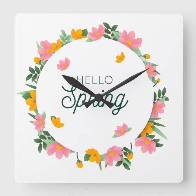 Horloge Carrée Hello Spring Floral Wreath (Recto)