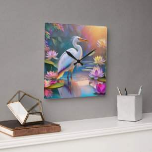 Horloge Carrée Héron blanc à bec orange, oiseau de fantaisie