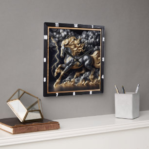 Horloge Carrée Heure Percheron Horse : Métal Or, Tempête d'Art Pe