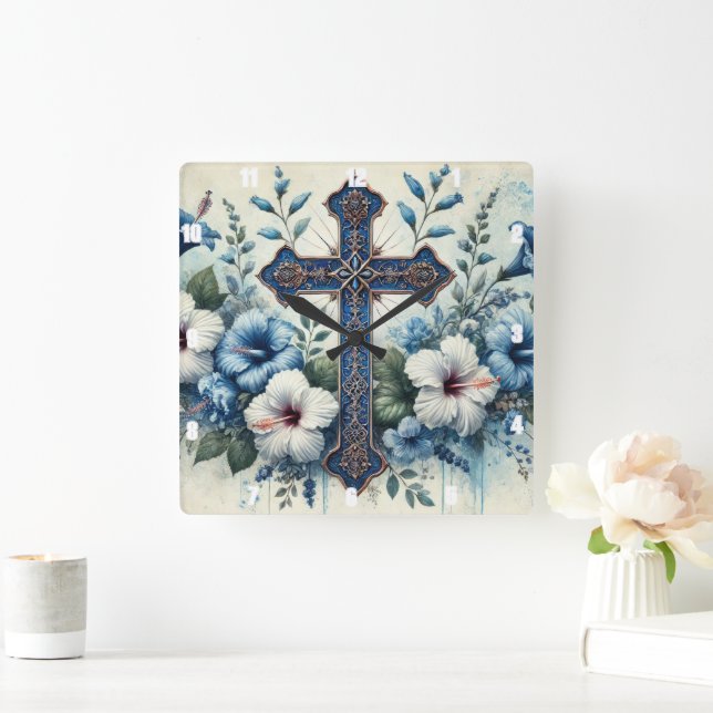 Horloge Carrée Hibiscus blanc Croix Bleue (Maison)
